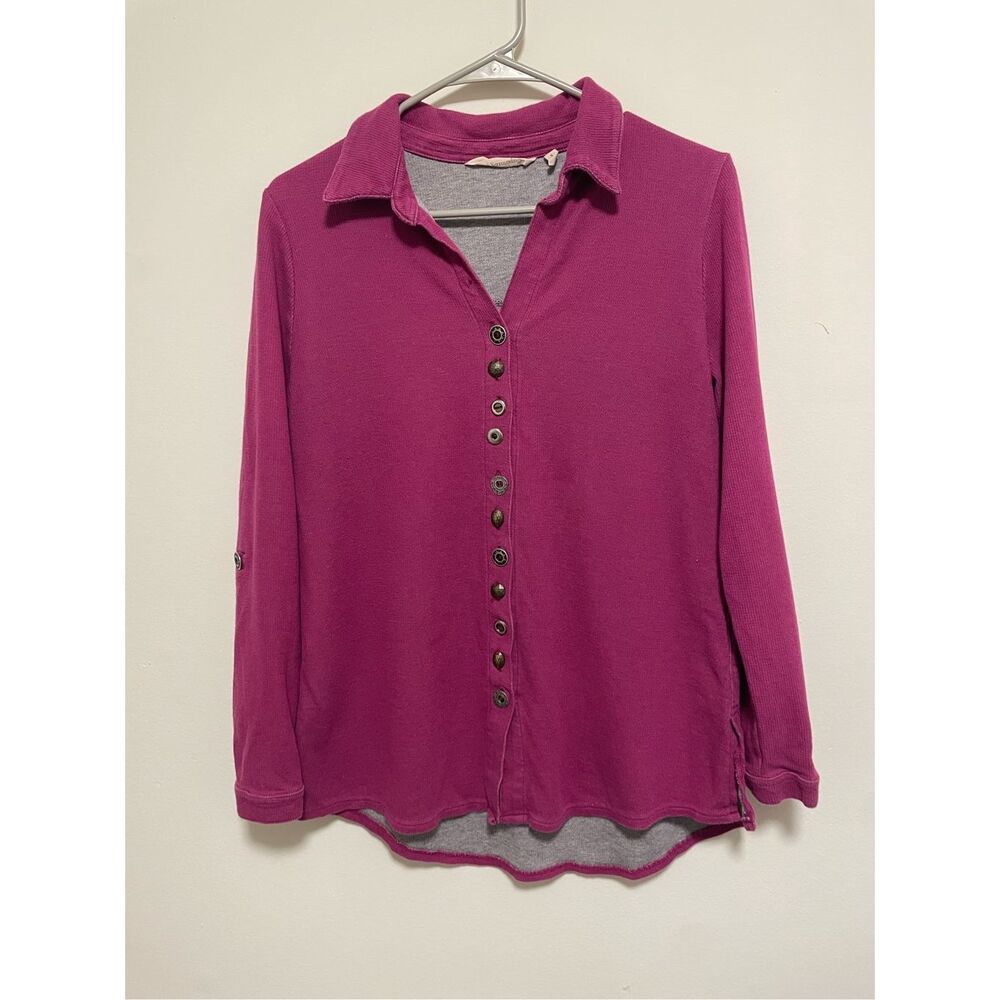 Soft Surroundings Small Button Purple Collar Roll Sleeve Star Button Sweater